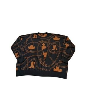 2FLYco Western Rodeo Cowboy Boot Hat Rope Print Black Copper Sweater L XL NWT